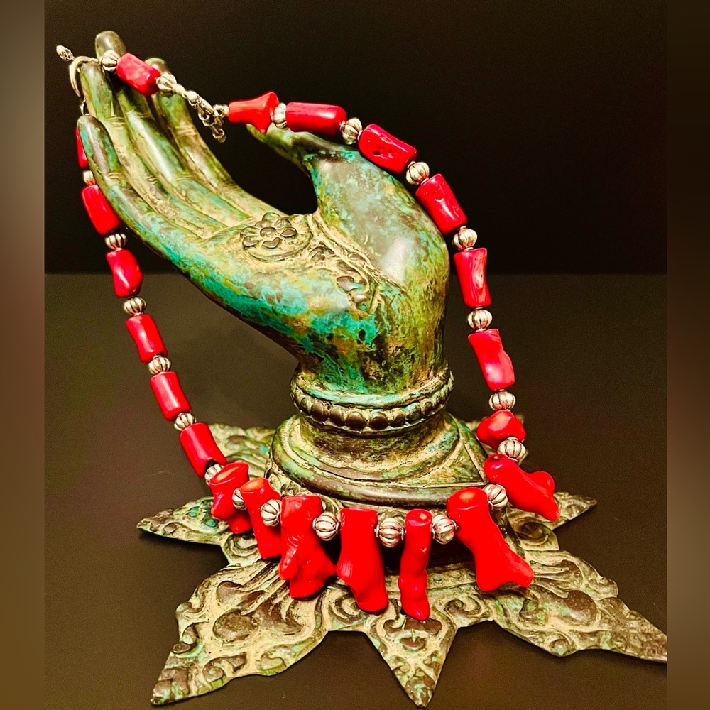 Bohemium Unique Natural Raw Red Coral Stone and Sterling Silver Necklace